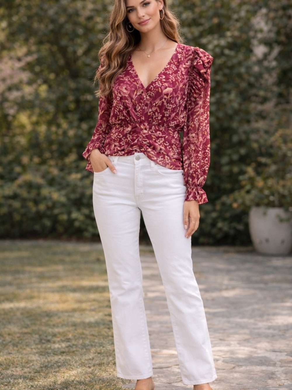 Aqua Floral Wrap Blouse Size Small Burgundy Ruffle Sleeve V-Neck Boho Chic Top